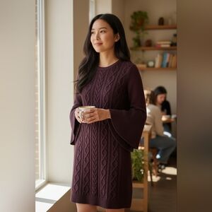 Eliza J Eggplant Purple Mixed Cable Knit Sweater Dress With Bell Sleeves NWT